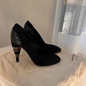 Salvatore Ferragamo leather and suede Black and Gold Heels